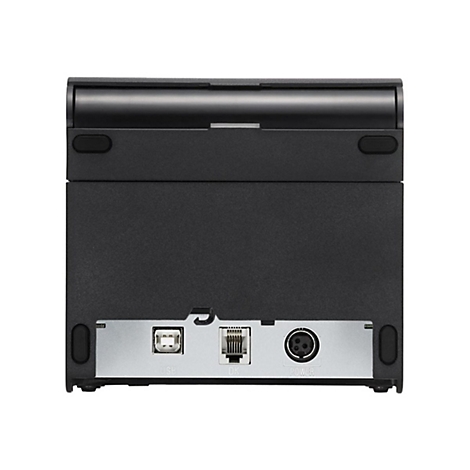 Vue arrière d'une imprimante thermique noire, avec ports USB, DK et alimentation.