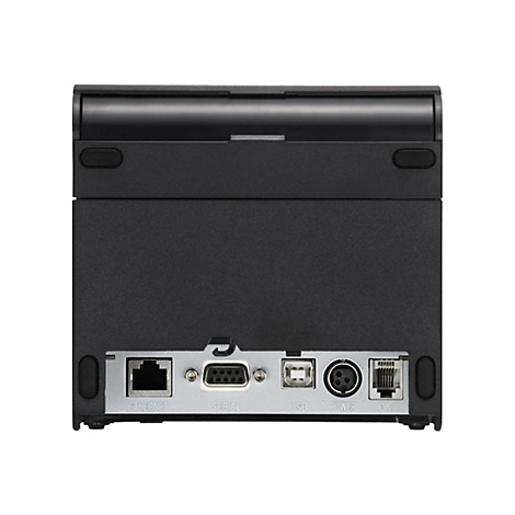 Arrière d'une imprimante noire avec ports Ethernet, série, USB, alimentation et DK.