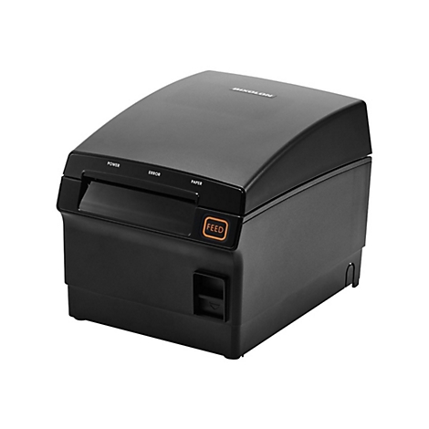 Imprimante thermique noire avec panneau de commande et inscriptions : Power, Error, Paper, Feed.