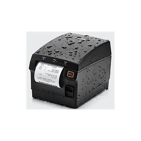 Imprimante de reçus noire recouverte de gouttelettes d'eau, imprimant un reçu.