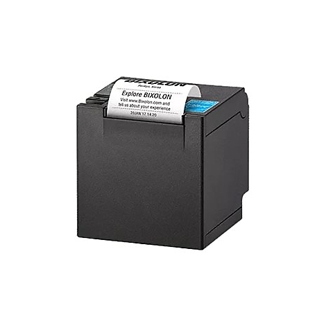 Schwarzer, quadratischer Thermodrucker mit Papierausgabe. Auf dem Papier steht "Explore BIXOLON".