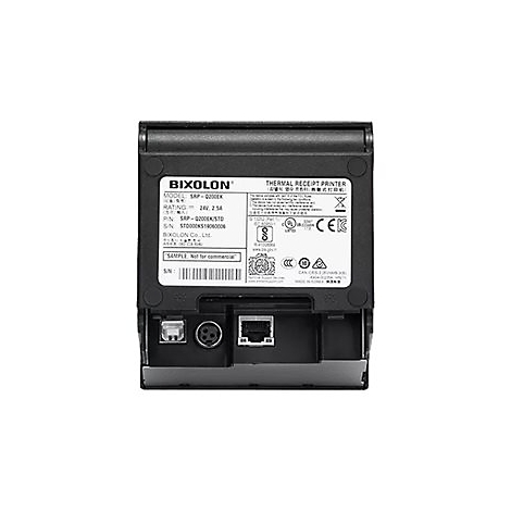 Vue arrière d'une imprimante thermique noire avec ports de connexion, logo de la marque et données techniques.