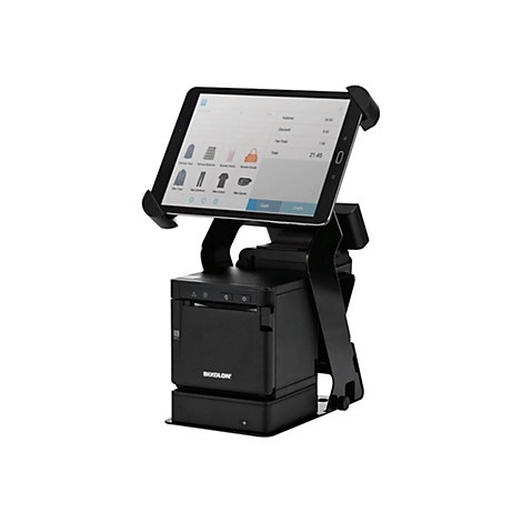 Système de point de vente noir avec écran de tablette, affichant un résumé de commande. En dessous, une imprimante de reçus.