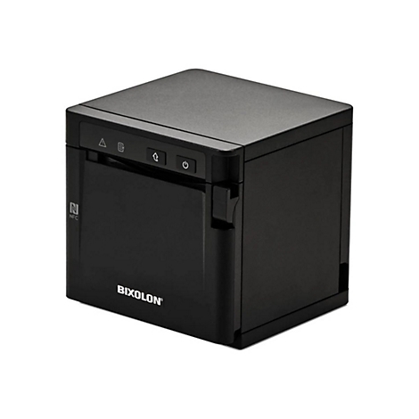 Imprimante thermique Bixolon noire. Avant : logo, symbole NFC. Dessus : boutons et symboles. Forme rectangulaire.