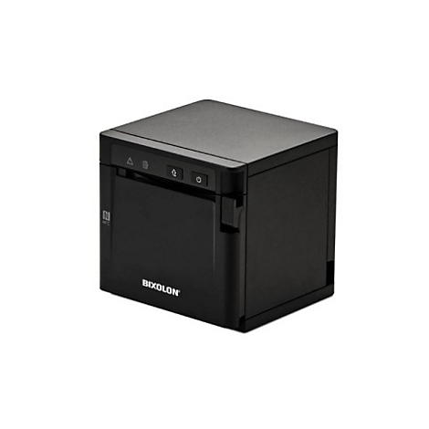Schwarzer Drucker mit den Logos BIXOLON und NFC. Oben befinden sich drei Knöpfe und Symbole. Rechteckiger Kasten, isoliert auf weißem Hintergrund.