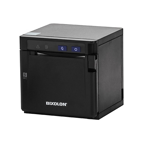 Imprimante thermique Bixolon noire. Sur le devant : logo NFC, logo Bixolon et trois boutons bleus.