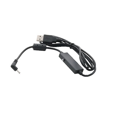 Schwarzes USB-Kabel mit Netzteil, Winkelstecker, und Steuerschalter.