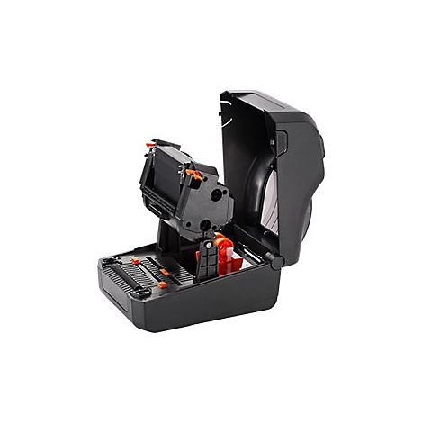 Schwarzes Gerät mit geöffneter Klappe. Innenliegend ein schwarzer Mechanismus mit orangefarbenen Akzenten. Auf weißem Hintergrund.