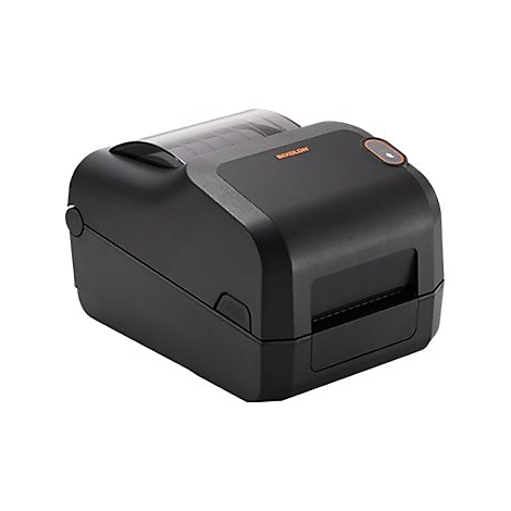 Schwarzer Etikettendrucker. Oben transparent, mit einem orangefarbenen Knopf.