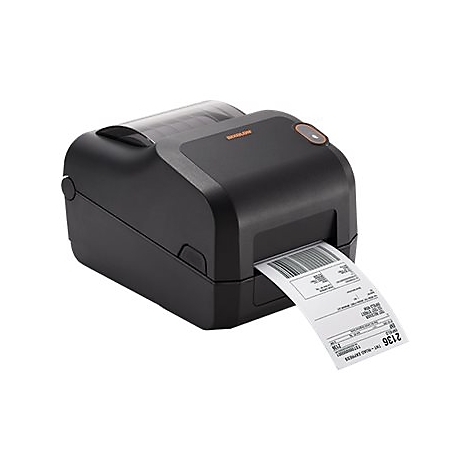Schwarzer Etikettendrucker, druckt ein Adressetikett mit Barcode.