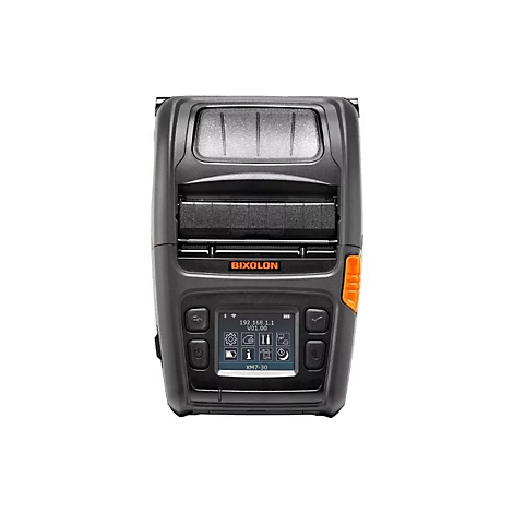 Vue de dessus d'une imprimante thermique Bixolon noire avec des accents orange et un petit écran.