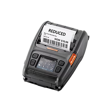 Schwarzer mobiler Drucker mit einem Preisetikett, auf dem "REDUZIERT" steht. Auf dem Bildschirm sind Informationen zu sehen.