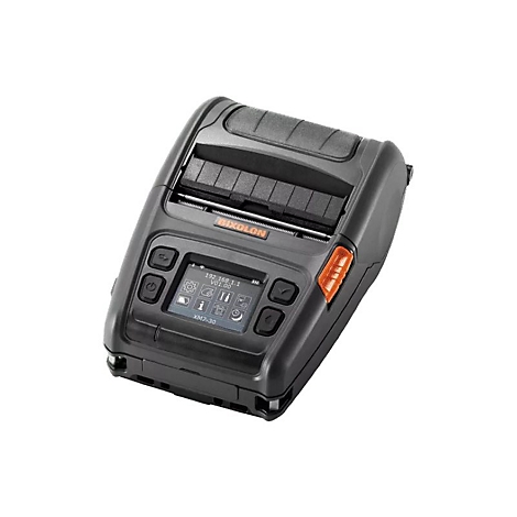 Schwarzer mobiler Drucker mit Display. Das Display zeigt IP-Adresse, sowie Icons an. Rechts orangefarbener Akzent. Der Name BIXOLON ist zu sehen.