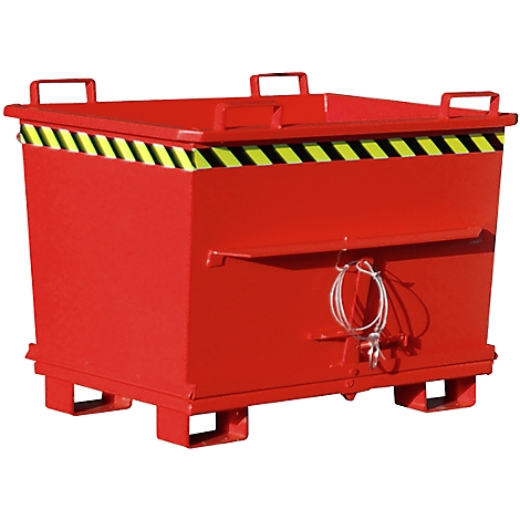 Red metal container with yellow and black warning tape, handles, and safety rope. The container stands on four legs.