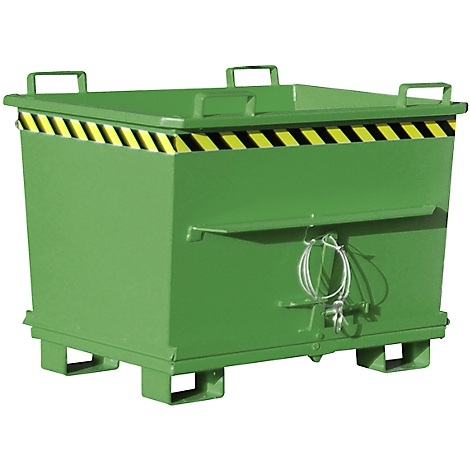 Green metal box, top marked yellow and black. Handles on the sides, with wire rope to open.