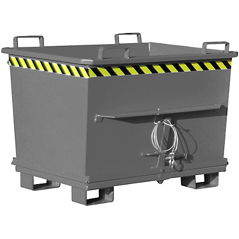 Gray metal box with yellow and black warning stripes, handles, and a locking mechanism.