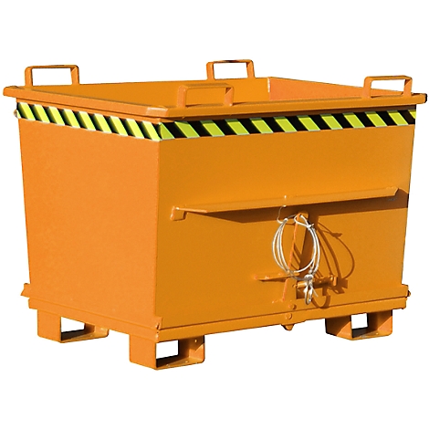 Orange metal container with yellow and black warning stripes, lid with handles. Sturdy construction, on feet.