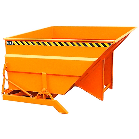 Orange container with black and yellow warning stripes, against a white background.