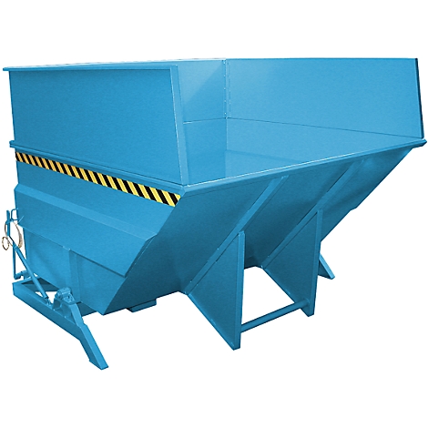 Blue painted tipping skip. A black and yellow warning tape on the front.