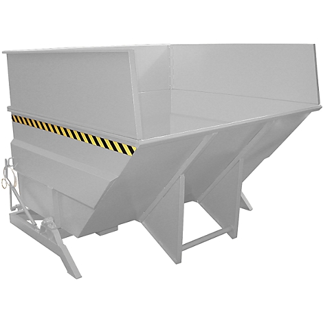 Gray skip with yellow and black warning stripes. The skip stands on a base.