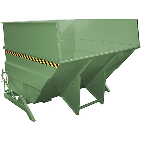 Green steel skip, with yellow and black warning stripes. The skip stands on a frame with wheels.