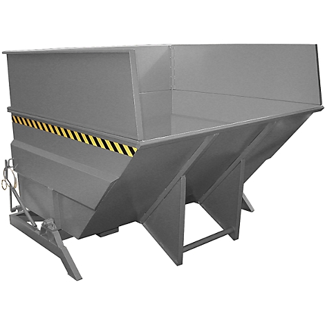 Gray metal skip with yellow and black warning stripes.
