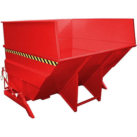 Red tipping container with yellow and black warning stripes, front view.