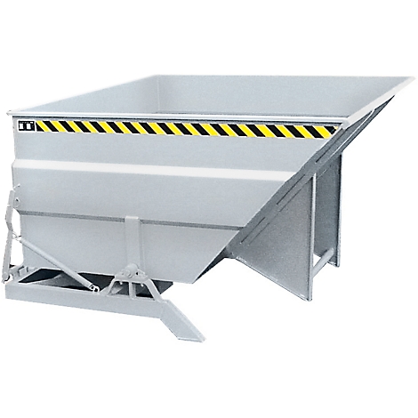 Gray tipping skip with black and yellow warning stripes. It stands on a frame.