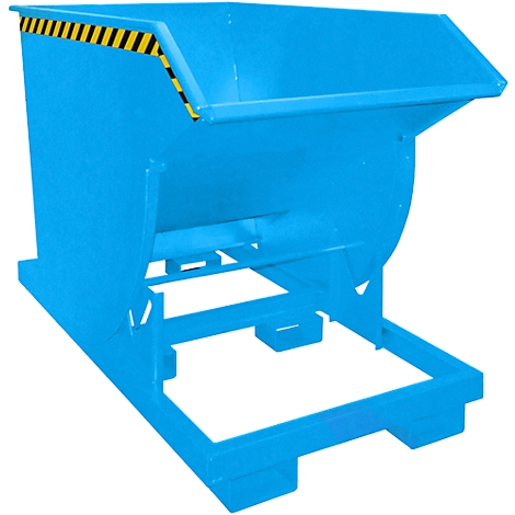 Blue tipping skip, a container with yellow and black stripes, on a frame.