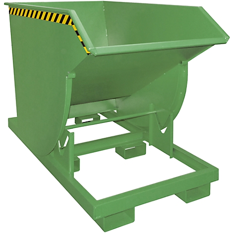 Green tipping skip on pallet frame, warning stripes on the edge.