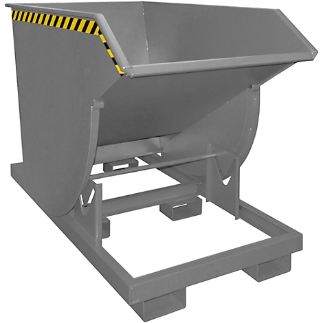 Gray tipping container with black and yellow markings, on pallet frame.