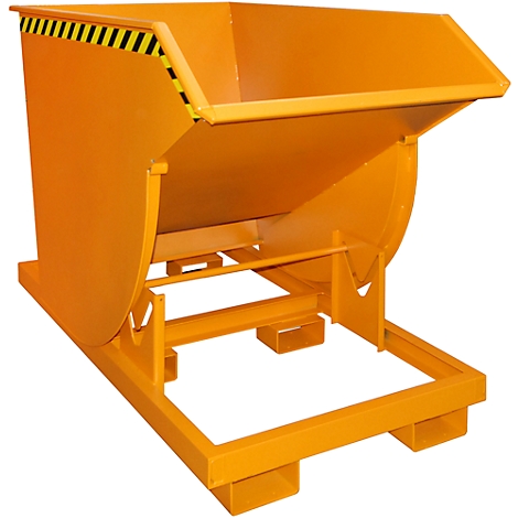 Orange tipping skip. Black and yellow warning stripes on the top left.