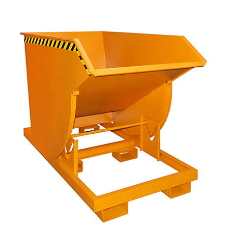 Yellow tipping skip on pallet frame; black and yellow warning marking. Angled from the front, against a white background.