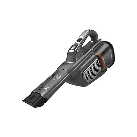Draufsicht auf einen grauen, kabellosen Handstaubsauger. Die Oberseite hat einen Griff und eine Taste. Darauf steht "BLACK+DECKER".