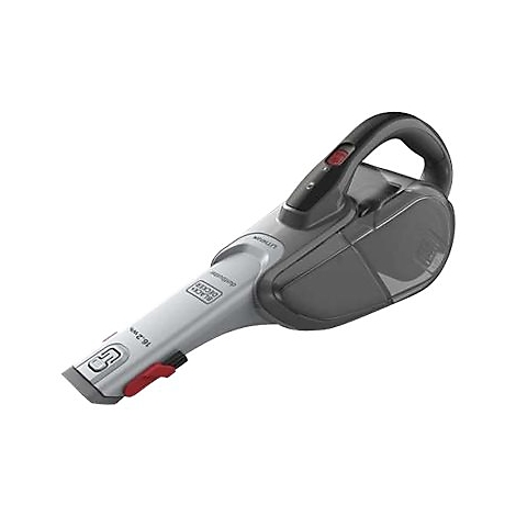 Grauer Black+Decker Akku-Handstaubsauger Dustbuster auf weißem Hintergrund.