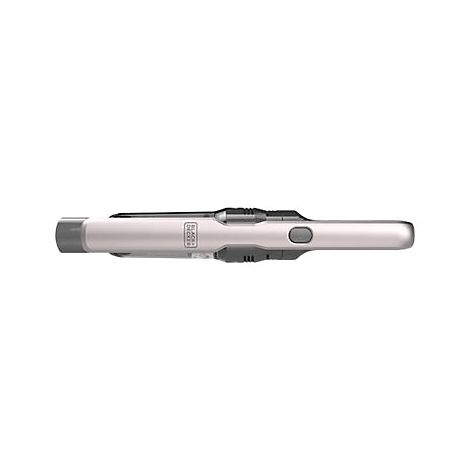 Draufsicht eines silberfarbenen Black+Decker Handsaugers vor weißem Hintergrund.