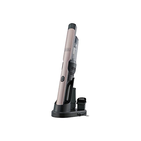 Schlanker, beiger Black+Decker Akku-Handsauger in einer schwarzen Ladestation mit Zubehör.