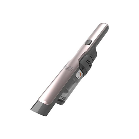 Schlanker, roségoldener Black+Decker Handsauger vor weißem Hintergrund.