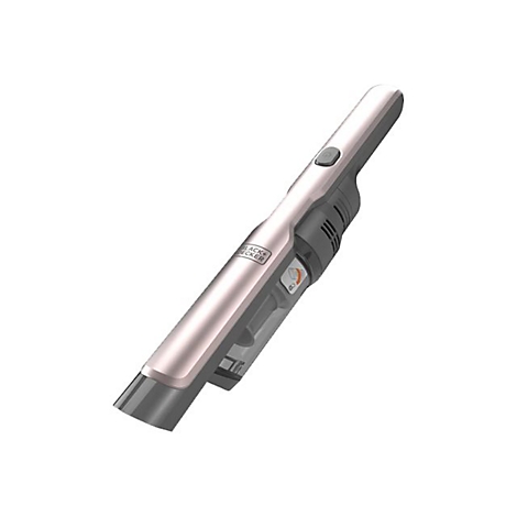 Rosafarbener Black+Decker Handstaubsauger in schlankem Design vor weißem Hintergrund.