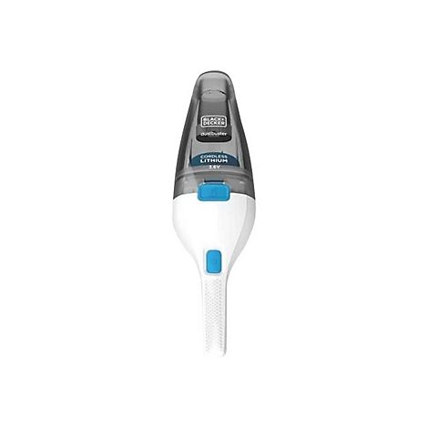 Weiß-grauer Black+Decker Dustbuster Handstaubsauger vor weißem Hintergrund.