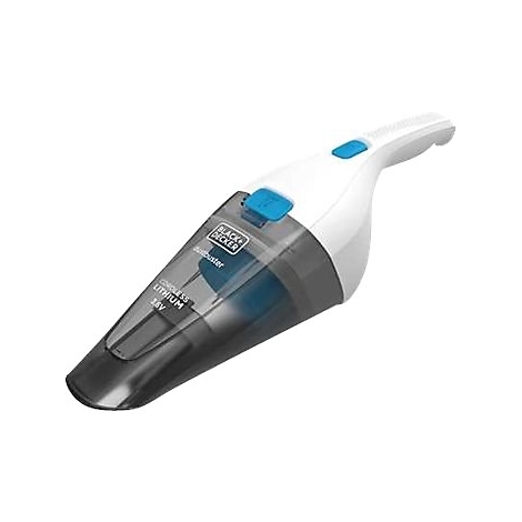 Weiß-schwarzer Black+Decker Dustbuster Handstaubsauger mit blauen Tasten auf weißem Hintergrund.