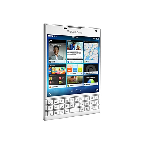 WeiÃŸes BlackBerry-Smartphone mit Tastatur. Apps und Uhrzeit auf dem Bildschirm.