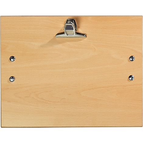 Light wood clipboard with metal clip and screws.