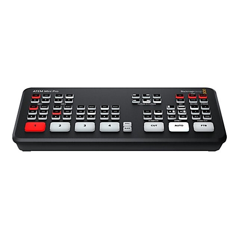 Schwarzes Blackmagic Design ATEM Mini Pro Mischpult mit beleuchteten Tasten auf weißem Hintergrund.