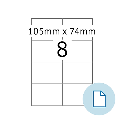 Sticker met 8 velden, afmetingen 105 mm x 74 mm. Blauwe knop met een document.