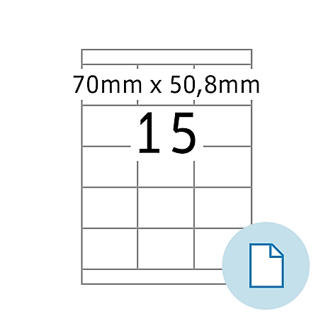 Aufkleber mit Raster und der Aufschrift '15'. Oben steht: 70mm x 50,8mm. Blaues Symbol für Dokument.
