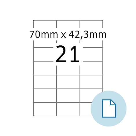 Etiketten mit der Aufschrift 21. Darüber steht 70mm x 42,3mm. Rechts ein blaues Dokumentensymbol.