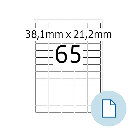 Etiketten mit Aufdruck '65' und Maßangabe 38,1 mm x 21,2 mm. Im Hintergrund: Symbol für ein Dokument.