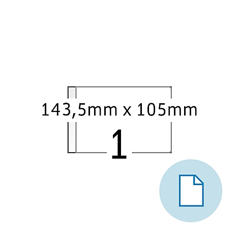 Rechteck mit Beschriftung "143,5 mm x 105 mm" und Zahl "1". Unten rechts rundes Symbol mit Dokument-Icon.