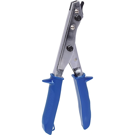 Eine Metallzange mit blauem Griff. Der Nietkopf ist grau, und ein schwarzer Hebel befindet sich oben.